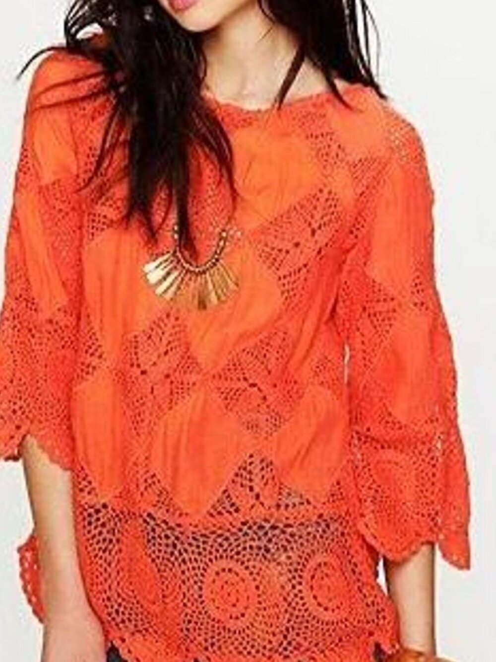 Free People orange crochet top with bell sleeves size XS
